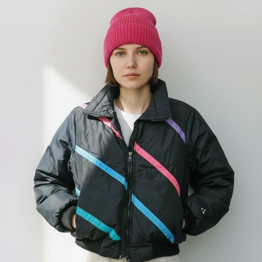 80s Womens Ski Puffer Coat Black Striped Sz M/L Retro Pink Blue VTG 1980s